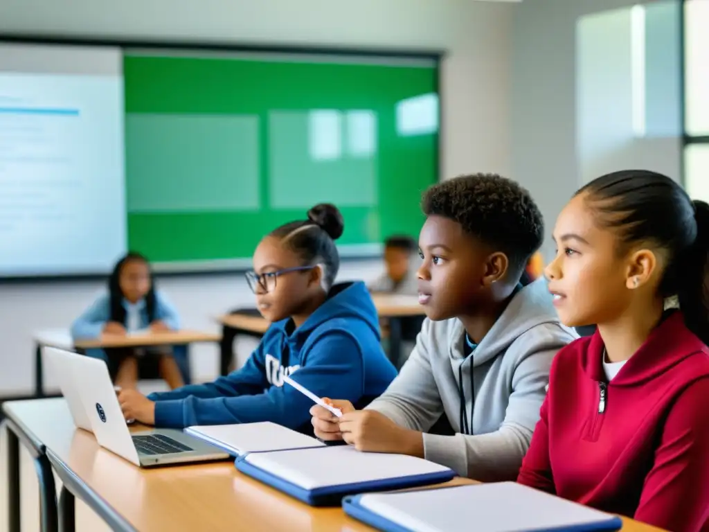 Estudiantes diversos usando dispositivos digitales en un aula moderna y bien iluminada