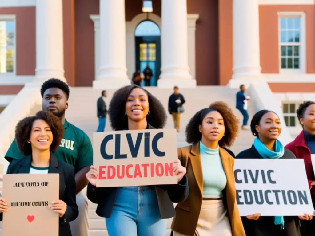 Estudiantes diversas frente a la corte histórica, protestan pacíficamente por la importancia de la educación cívica