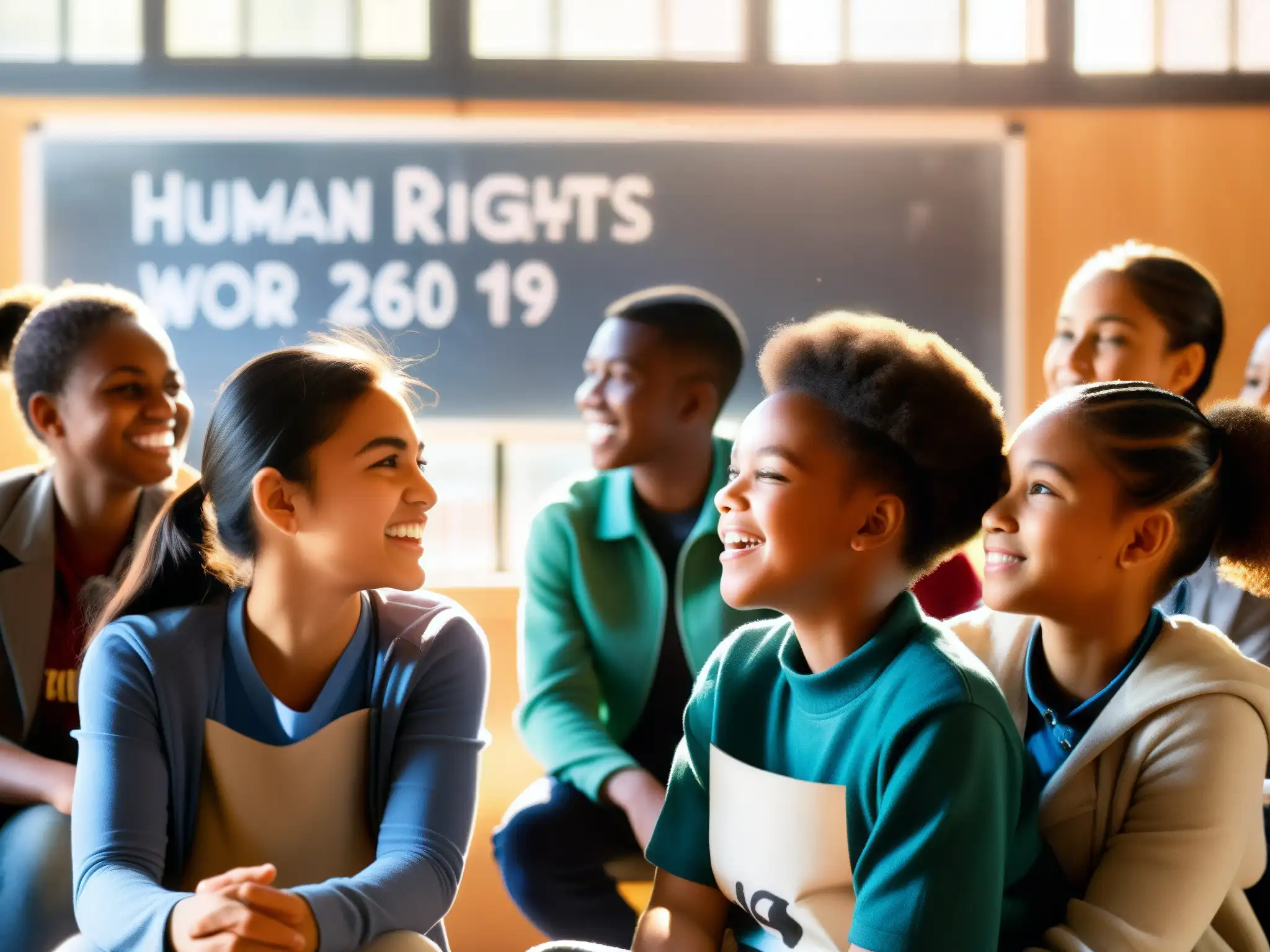 Estudiantes diversificados discuten apasionadamente sobre derechos humanos en un aula iluminada por luz natural