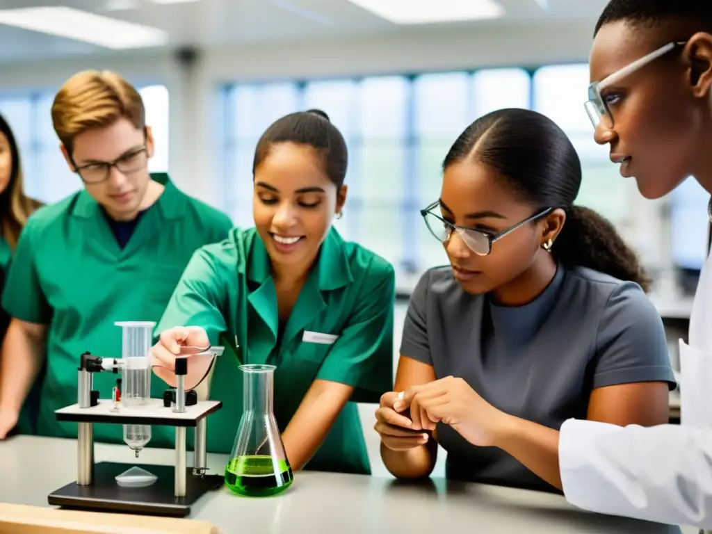 Estudiantes diversos en laboratorio de ciencias, participando en experimentos y discusiones con su maestro