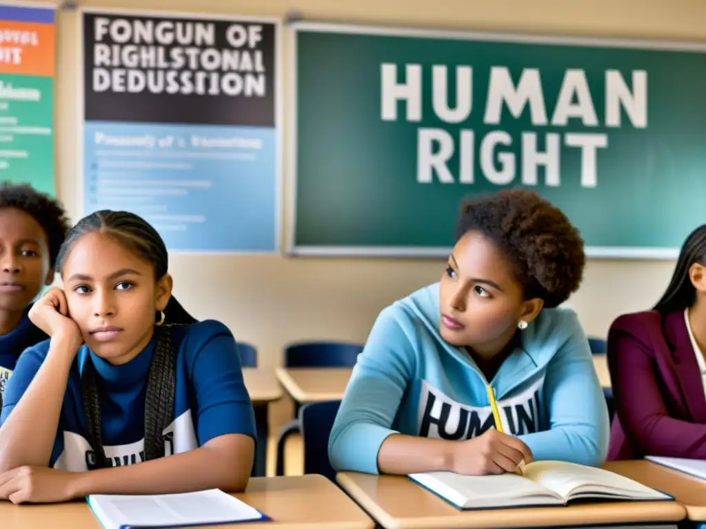 Estudiantes diversxs discuten sobre derechos humanos en un aula, promoviendo la educación en derechos humanos y reduciendo la violencia escolar