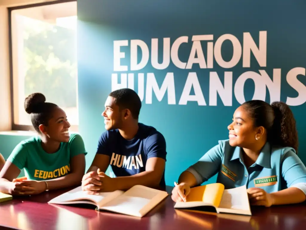 Estudiantes diversxs debaten apasionadamente sobre derechos humanos, rodeados de libros y materiales educativos