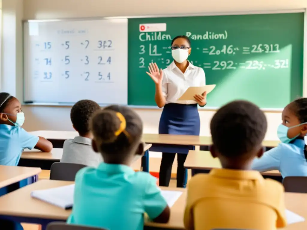 Estudiantes enmascarados en clase, uno levanta la mano para preguntar mientras la maestra explica medidas de seguridad pandémica