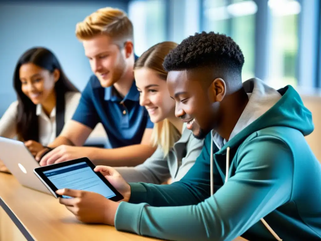 Estudiantes diversos participan con entusiasmo en actividades de aprendizaje colaborativo utilizando tecnología digital en un aula moderna