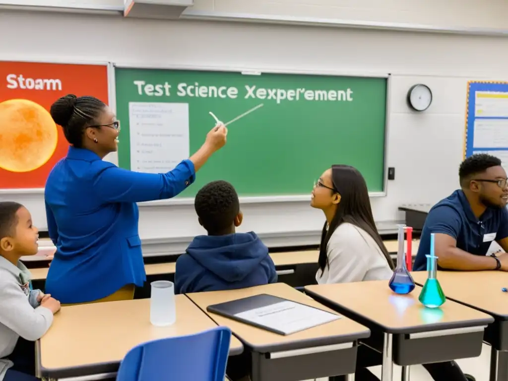 Estudiantes diversos participan con entusiasmo en un experimento científico en el aula