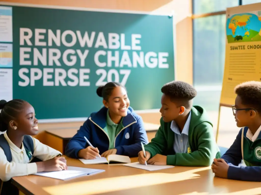 Estudiantes trabajan en equipo en aula iluminada, presentando proyecto sobre energía renovable