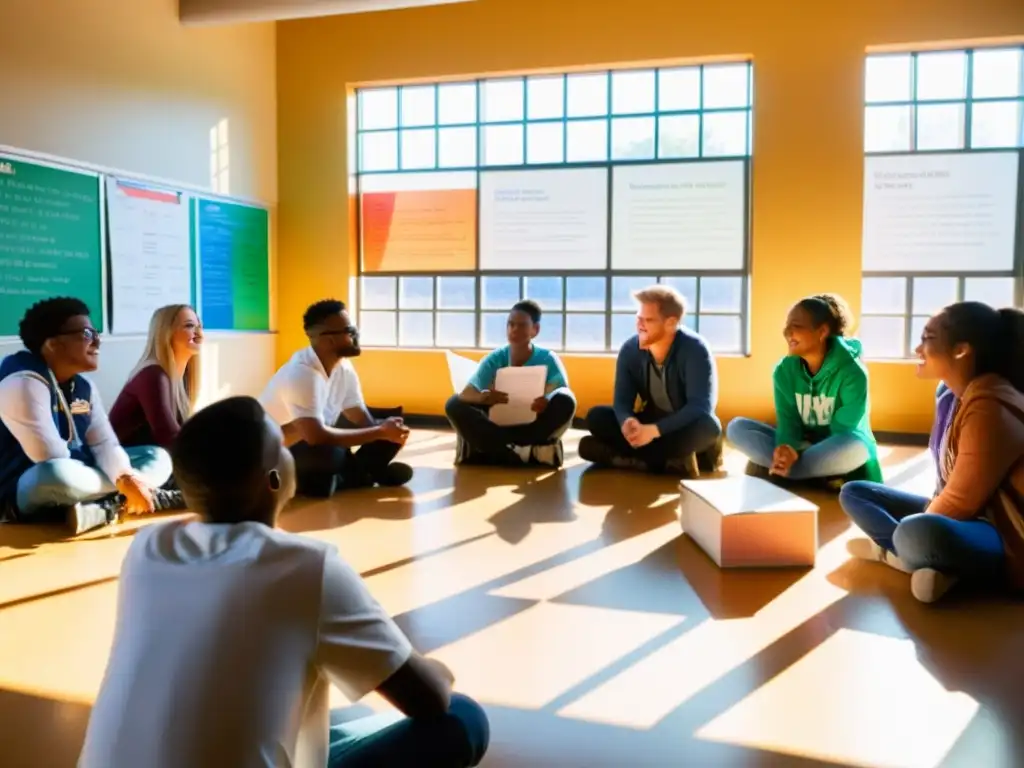 Estudiantes participando en espacios de aprendizaje en caos, inmersos en una animada discusión en un aula colorida y luminosa