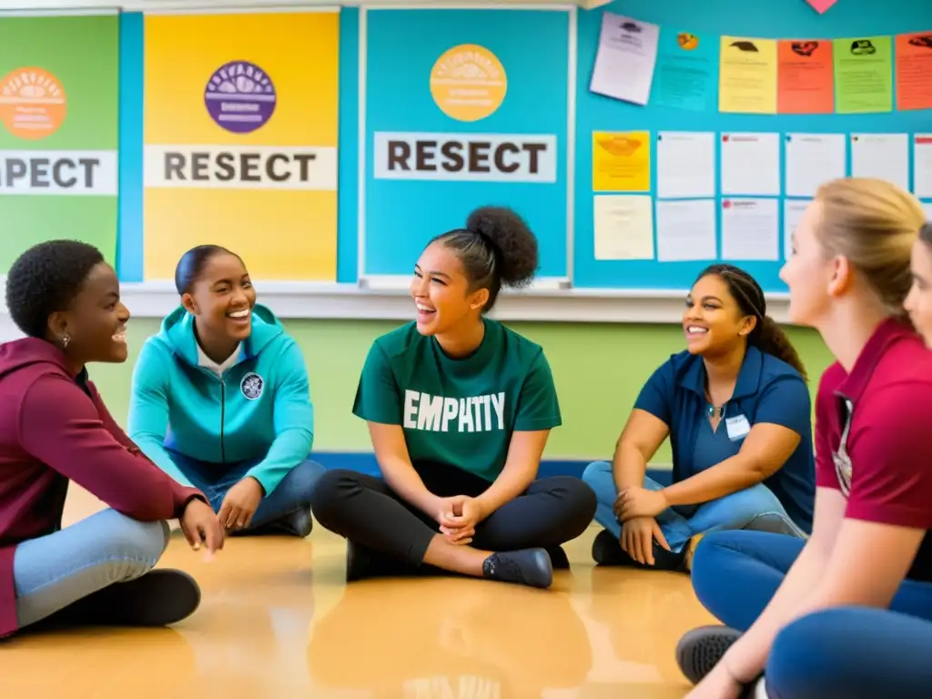 Estudiantes participan en dinámica discusión sobre estrategias respeto y empatía en aula colorida