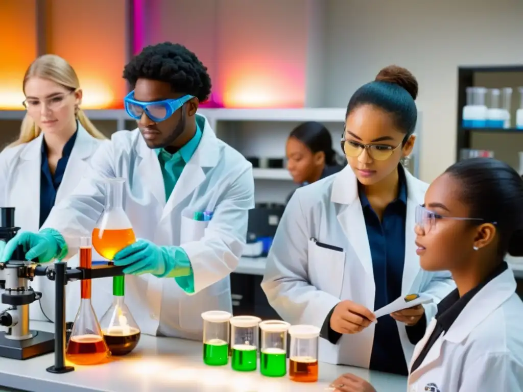 Estudiantes diversos realizan experimentos en un laboratorio de ciencias