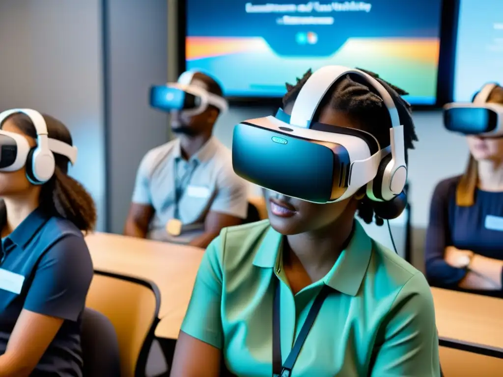 Estudiantes diversos inmersos en experiencia educativa de realidad virtual, con tecnología futurista y asistencia de IA