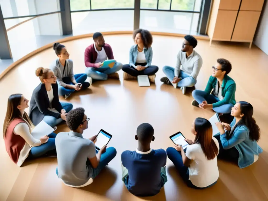 Estudiantes debaten sobre innovaciones educativas derechos humanos en círculo, rodeados de material educativo y tecnología, en ambiente cálido y colaborativo