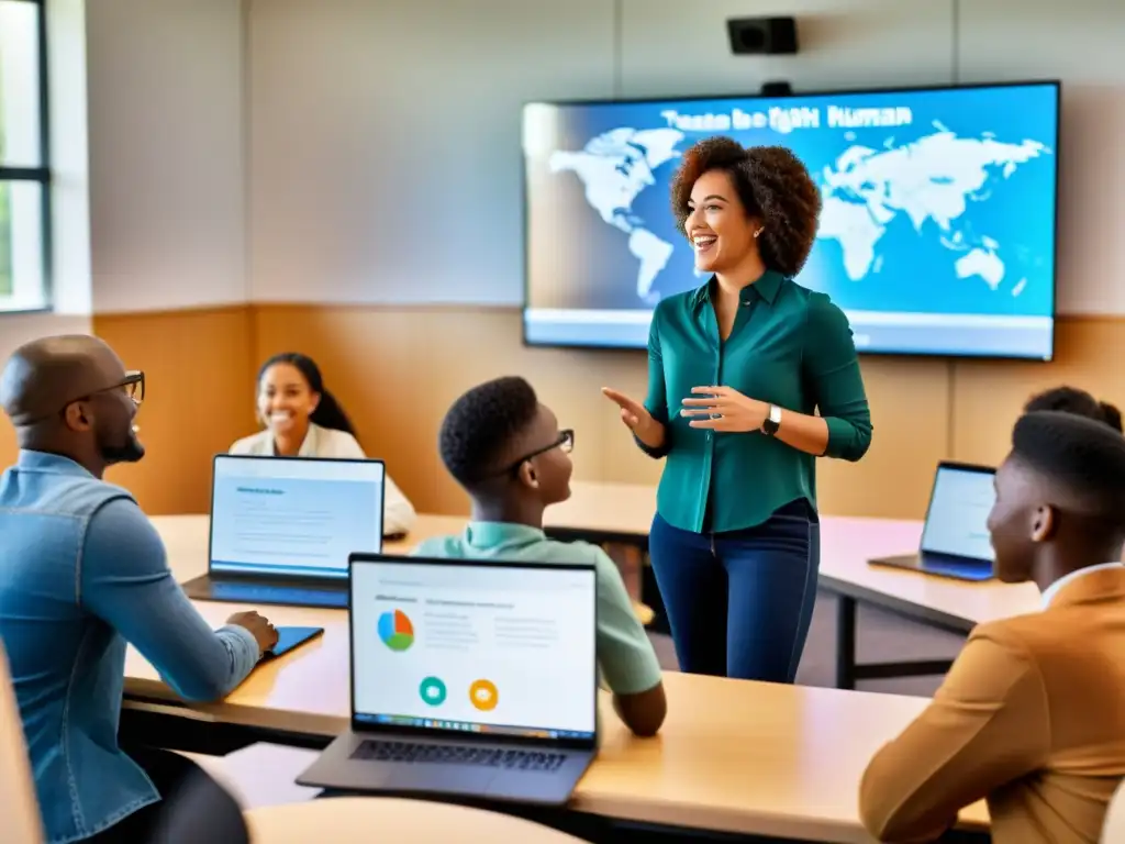 Estudiantes colaborando en innovaciones educativas sobre derechos humanos en un aula moderna