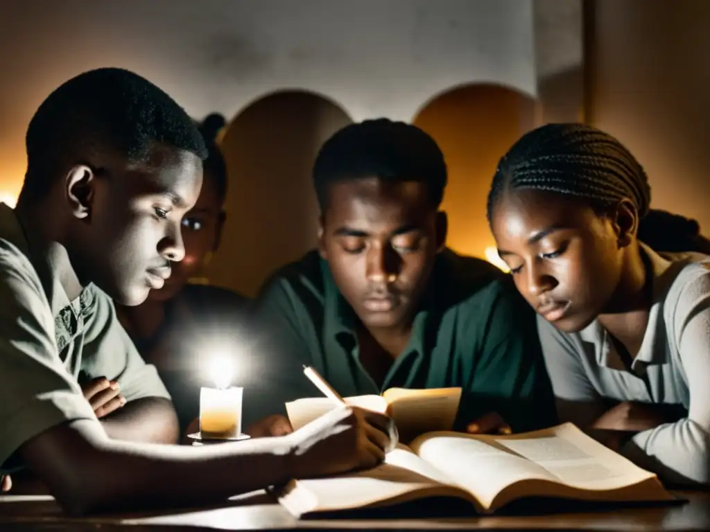 Estudiantes estudian juntos a la luz de una vela en una habitación tenue, mostrando determinación y resistencia