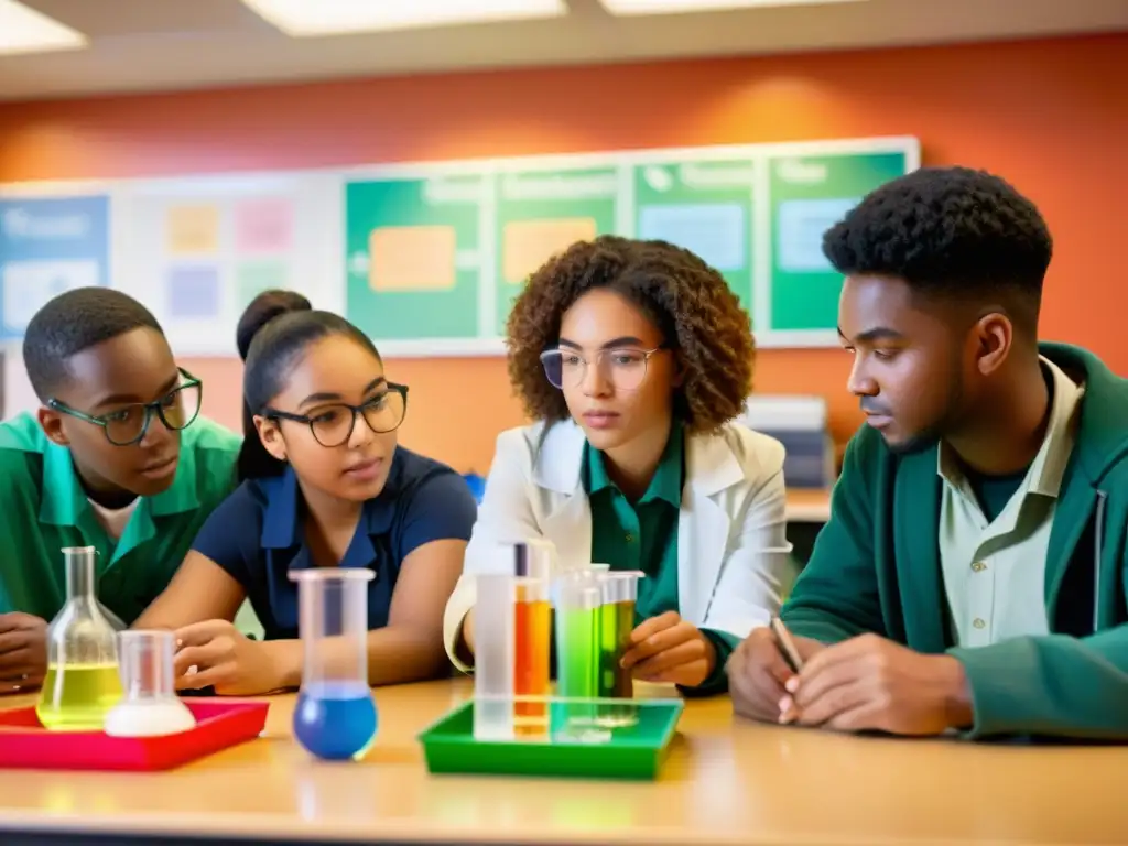 Estudiantes en laboratorio de ciencias, colaborando en experimento