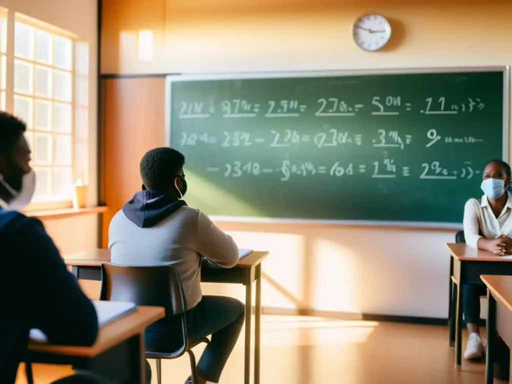 Estudiantes y maestro con mascarillas en aula, enfrentando desafíos de educación durante la pandemia