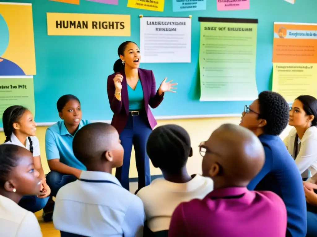 Estudiantes y maestros discuten estrategias para crear entornos seguros en aula moderna y colorida