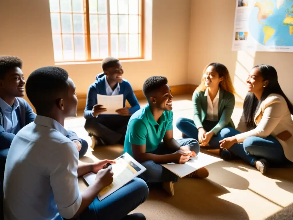 Estudiantes de todo el mundo discuten apasionadamente derechos humanos y cuestiones globales en un entorno educativo innovador