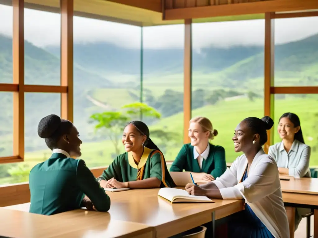 Diversos estudiantes de todo el mundo, con ropa tradicional, colaboran y aprenden juntos en un aula inclusiva con vista a un paisaje verde exuberante