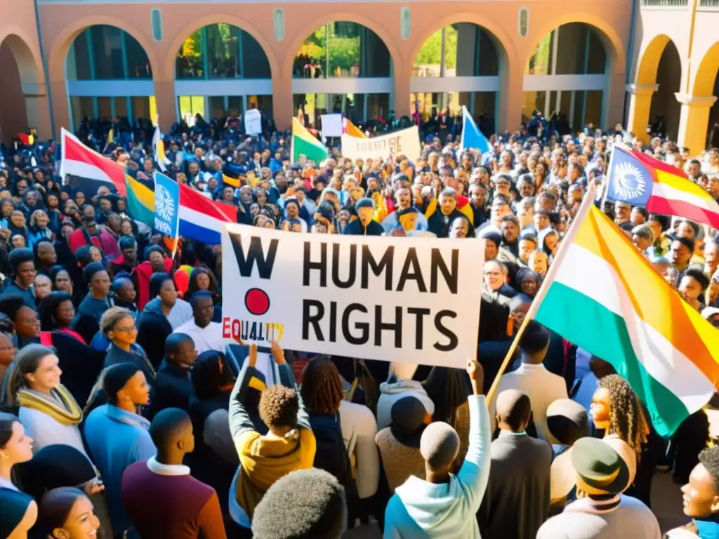 Estudiantes de diversos orígenes y nacionalidades se unen en un campus universitario, sosteniendo pancartas y banderas coloridas en un acto de solidaridad y activismo, fomentando los derechos humanos universitarios