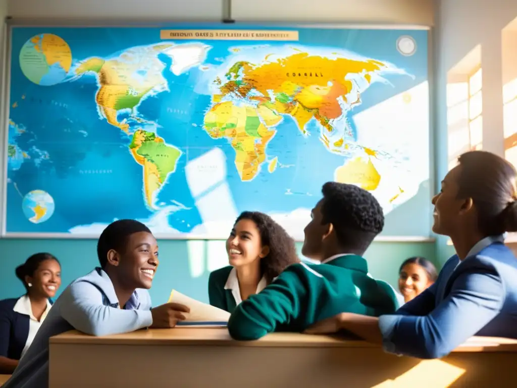 Estudiantes de diferentes países en aula, discutiendo junto a un mapa mundial