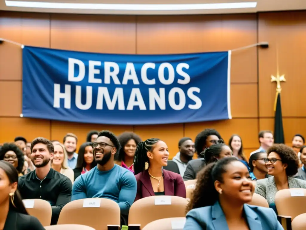 Estudiantes y profesores debaten apasionadamente sobre derechos humanos en la universidad, promoviendo la igualdad y la justicia