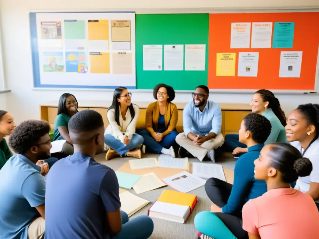 Estudiantes y profesores participan en una discusión colaborativa en un aula inclusiva, promoviendo estrategias para la igualdad