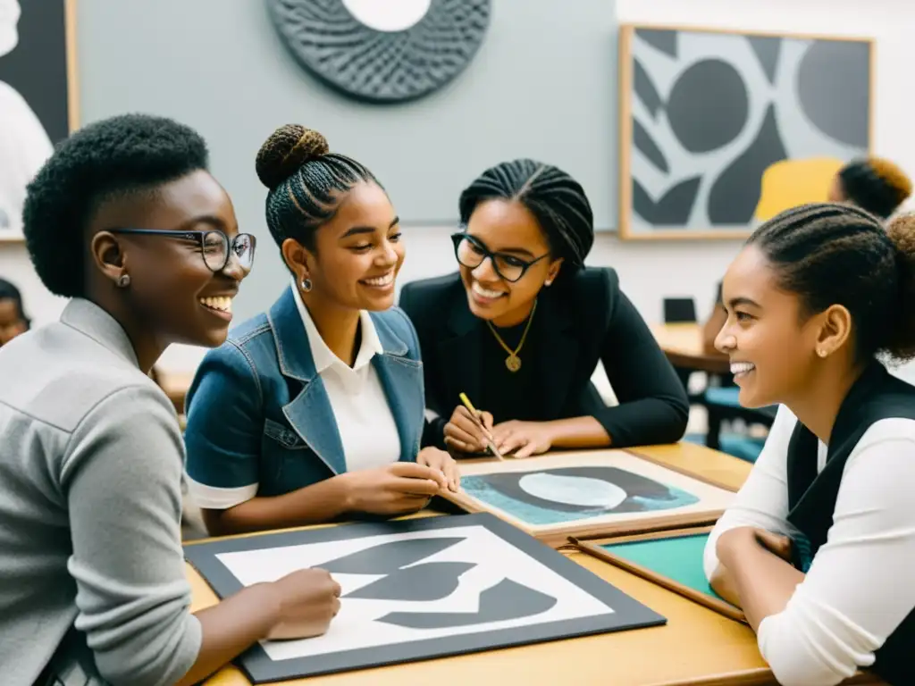 Estudiantes diversos colaborando en proyecto artístico