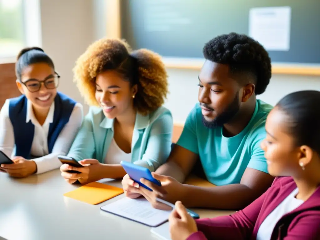 Estudiantes diversos discuten proyecto en smartphones, integrando tecnología en educación