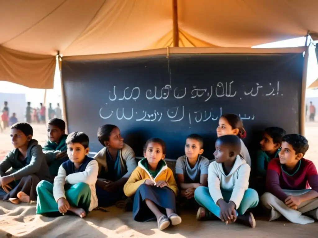 Estudiantes refugiados aprendiendo en un campamento al atardecer, demostrando el impacto de la educación en su determinación y esperanza