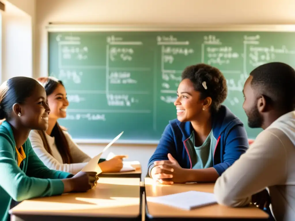 Estudiantes diversos, incluyendo refugiados, participan activamente en una clase, en un ambiente cálido de colaboración y validación de estudios