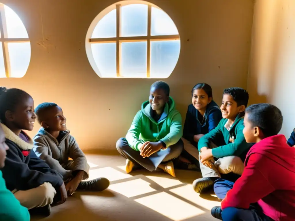 Estudiantes refugiados participan en una clase interactiva con tecnología educativa en un campamento, desafiando su realidad