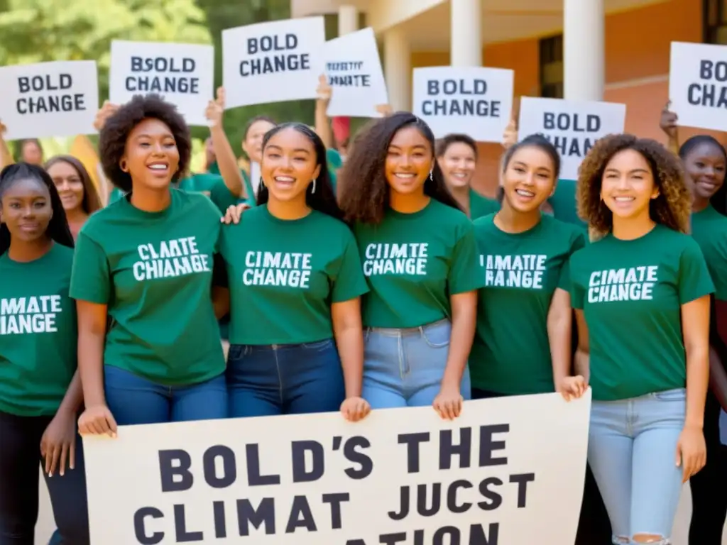 Estudiantes de secundaria se preparan para marcha por el cambio climático con pancartas y camisetas, demostrando activismo juvenil