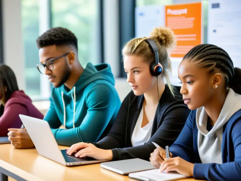 Estudiantes colaboran en un taller sobre privacidad en la educación digital, enfocados en laptops y tabletas, en un aula luminosa y moderna