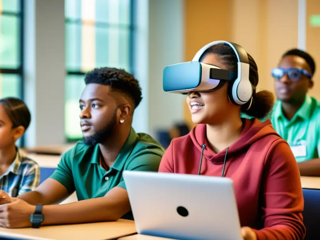 Estudiantes diversos usando tecnología educativa en el aula, mostrando desafíos de equidad