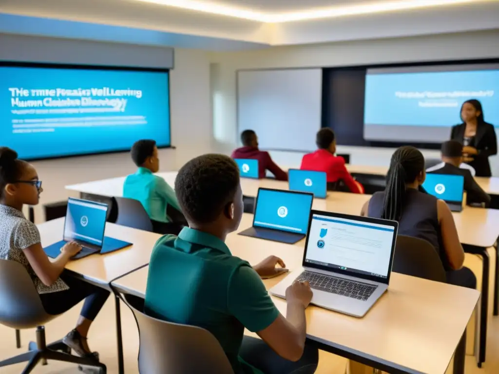 Estudiantes diversos usando tecnología educativa en un aula moderna, mientras exploran derechos humanos y acceden a la información