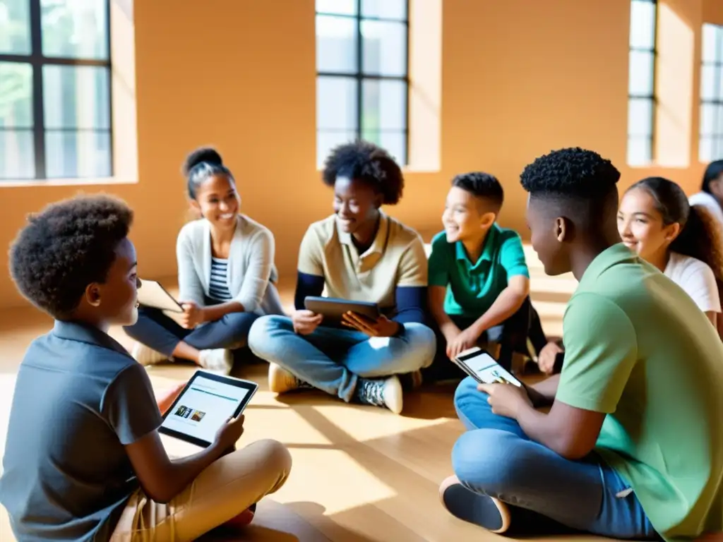 Estudiantes diversos usan tecnología educativa en discusión colaborativa, mostrando inclusión en crisis migratorias