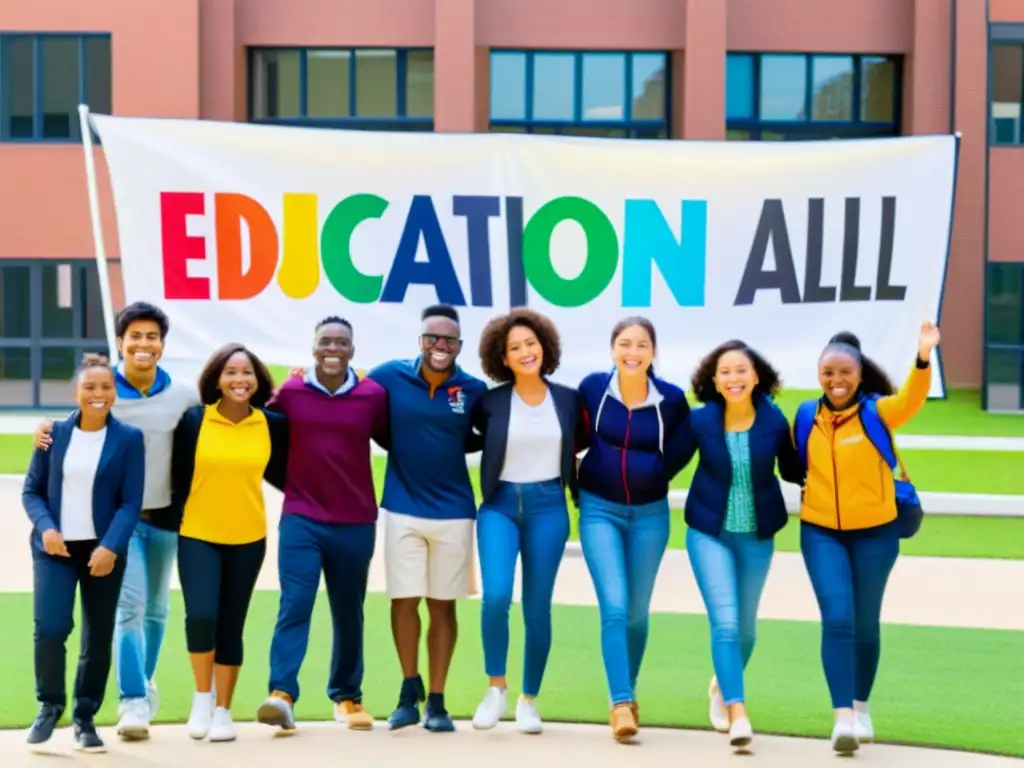 Estudiantes diversos unidos frente a escuela con pancarta 'Educación para Todos', promoviendo reforma educativa y derechos humanos