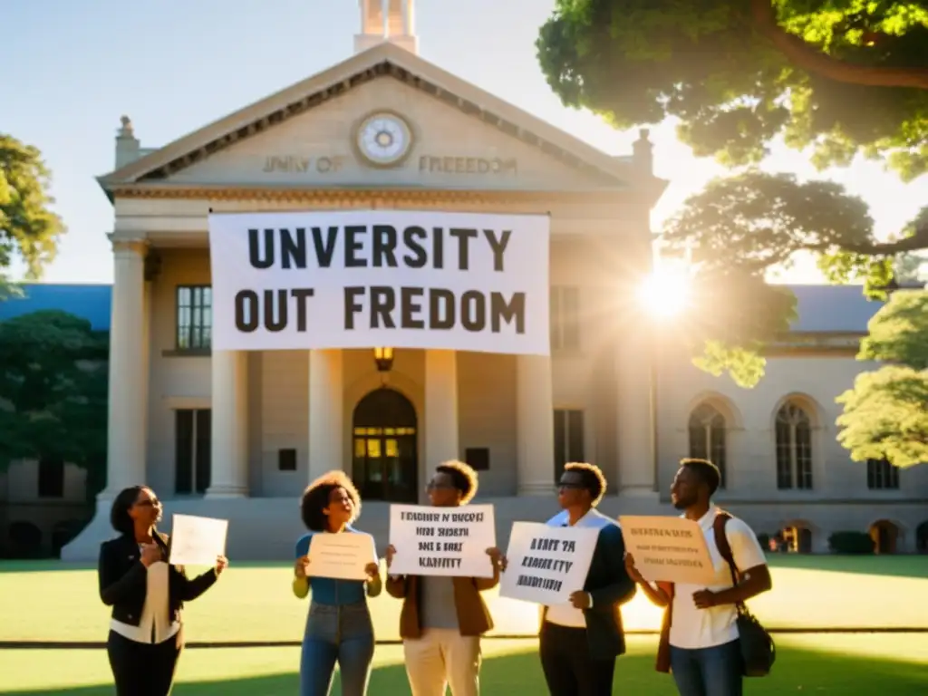 Estudiantes universitarios muestran carteles de libertad y unidad frente a un edificio histórico