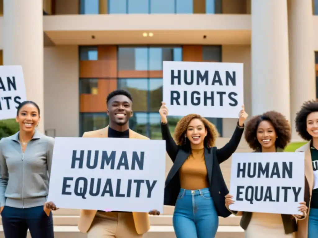 Estudiantes universitarios promoviendo los derechos humanos frente al campus