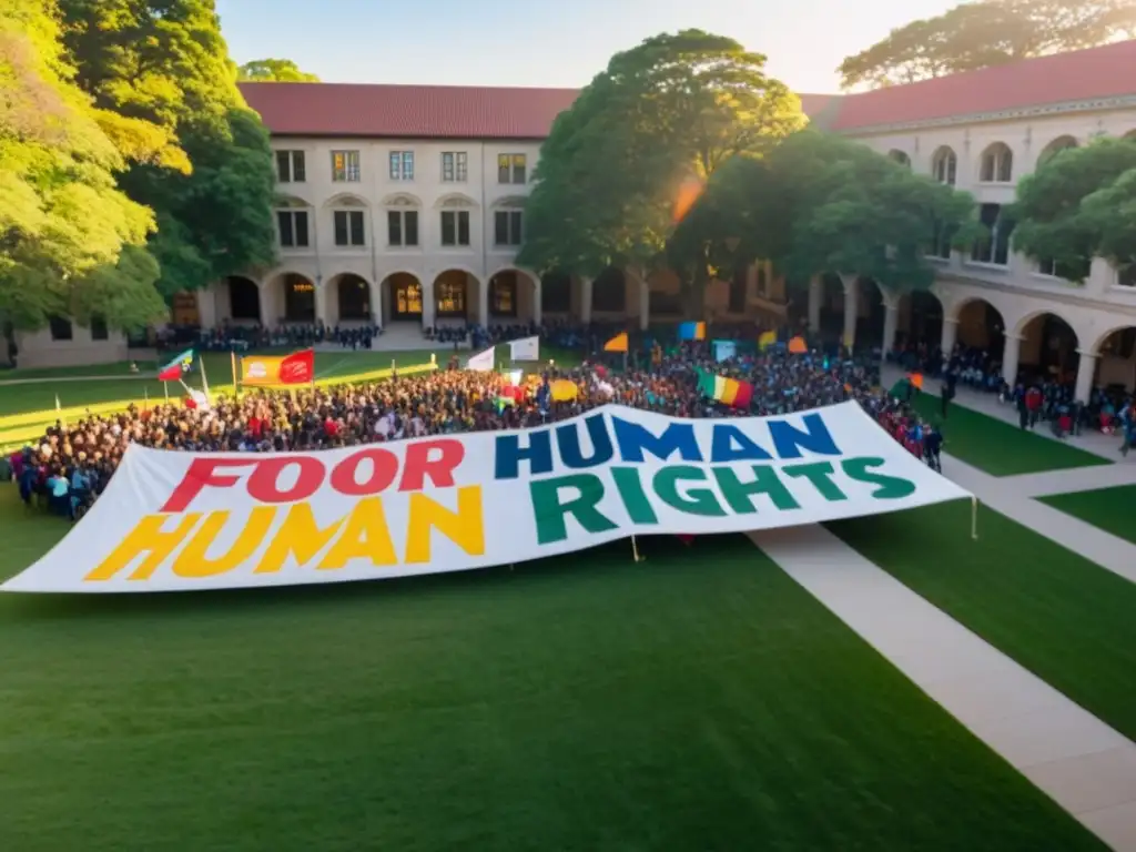 Estudiantes universitarios fomentando los derechos humanos con pancartas coloridas en un campus soleado