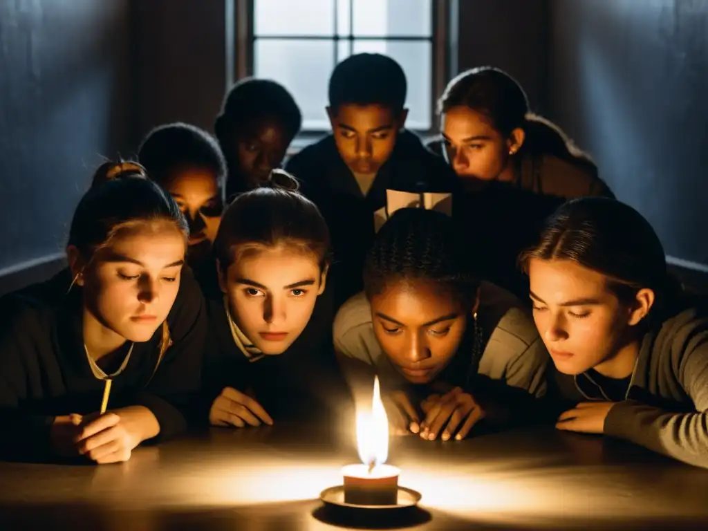 Estudiantes estudian con una vela en un ambiente opresivo, simbolizando la lucha por educación en regímenes totalitarios