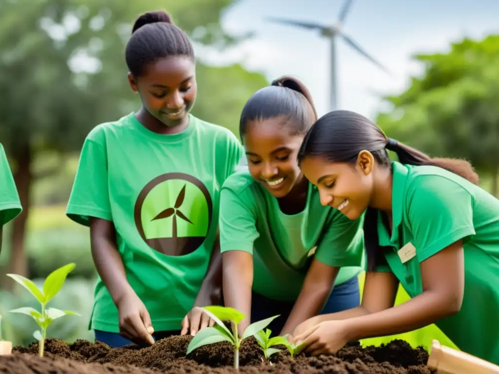 Estudiantes verdes trabajando en jardín, proyecto ecológico con tecnología y esperanza