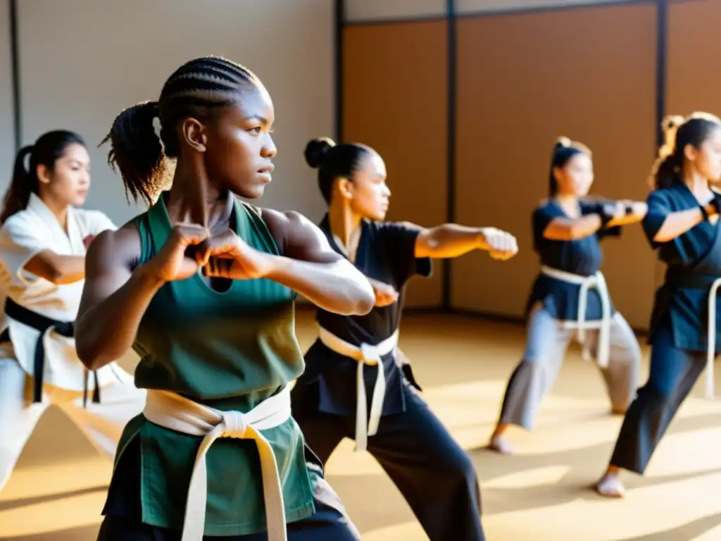 Un estudio soleado donde diversas personas, incluyendo mujeres y comunidades marginadas, practican artes marciales con determinación y enfoque