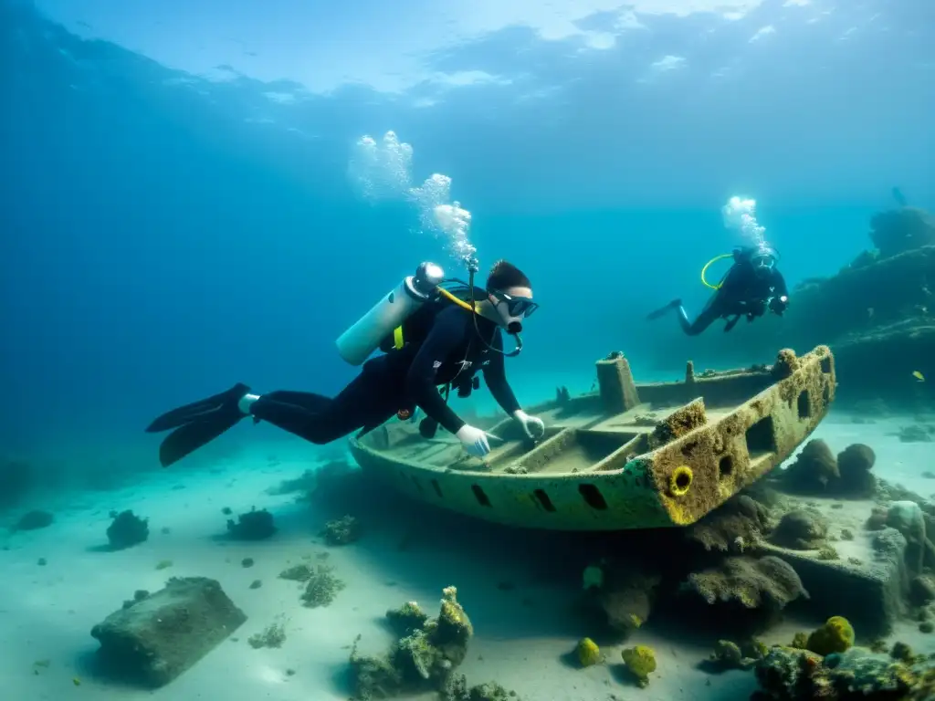 Excavación cuidadosa de un naufragio por arqueólogos subacuáticos, preservación histórica patrimonio cultural subacuático