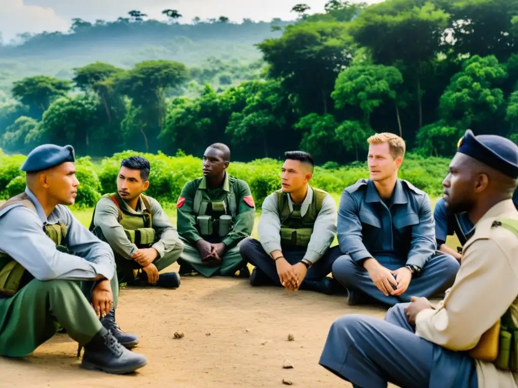 Excombatientes en círculo en campamento, vistiendo civil y militar, discuten sobre paz y reconciliación, rodeados de naturaleza