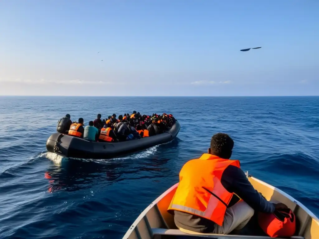 Exhaustos refugiados buscan ayuda en el mar Mediterráneo mientras una organización de salvamento se acerca, ofreciendo esperanza