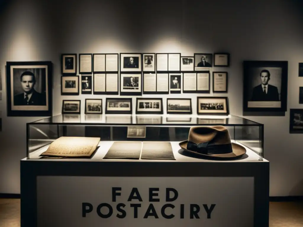 Una exposición en blanco y negro en un museo, con conmovedores artefactos de la postdictadura, creando una atmósfera solemne y reflexiva