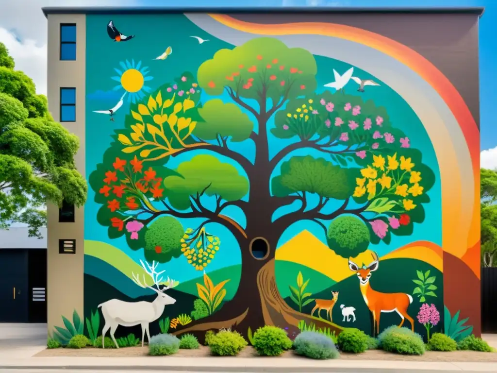 Expresiones artísticas como activismo ambiental: Mural vibrante y diverso, representando un ecosistema lleno de vida y mensajes de conservación