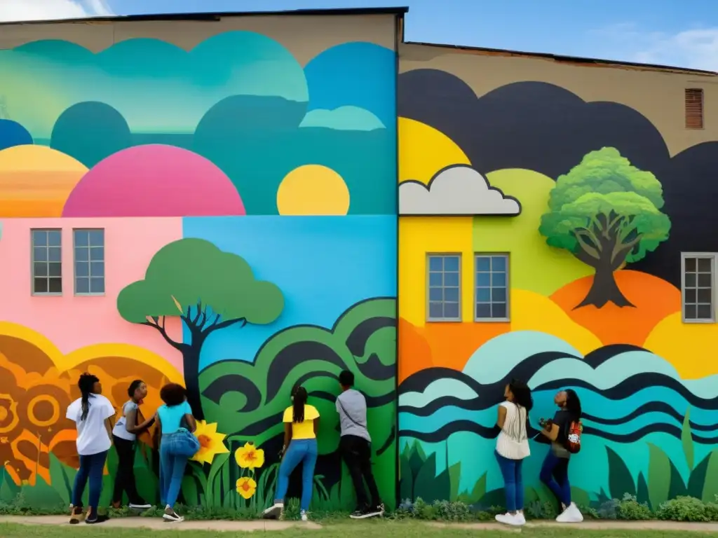 Expresiones creativas juventud crisis climática: Jóvenes artistas crean mural impactante sobre cambio climático en comunidad urbana