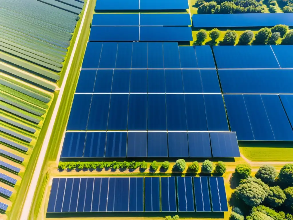 Un extenso campo solar con paneles relucientes bajo el cielo azul, creando un paisaje geométrico